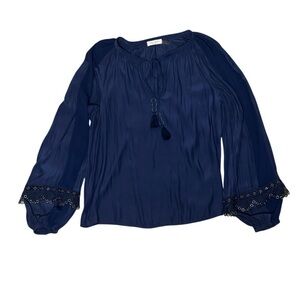 Ramy Brook Navy Blue Boho Peasant Blouse Medium Eyelet Grommet Sleeve Tassel Top